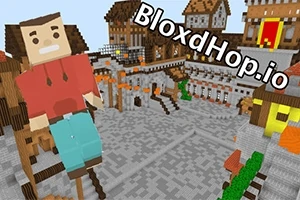 ブロックスタイルのキャラクターが中世風の町並みの背景に立っている。