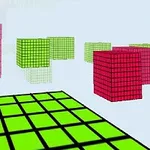 赤と緑の格子模様の立方体が浮かぶ、シンプルな3D空間。