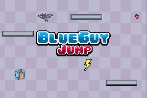 青い背景に「BlueGuy Jump」の文字、コウモリ、稲妻、リンゴ、飛び跳ねるキャラクターが描かれた画像。