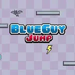 青い背景に「BlueGuy Jump」の文字、コウモリ、稲妻、リンゴ、飛び跳ねるキャラクターが描かれた画像。