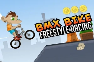 BMXバイクに乗ったキャラクターが空中でジャンプしているイラスト。