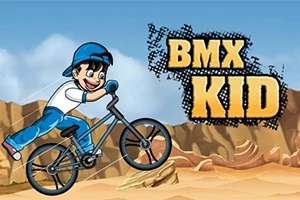 青空の下でBMXバイクに乗った少年が岩場を走っているイラスト。