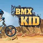 青空の下でBMXバイクに乗った少年が岩場を走っているイラスト。