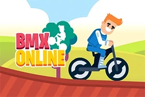 BMXを乗るキャラクターがいるカラフルなイラスト。