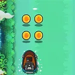 緑の水路を進むボート、前方に4つの配置されたコイン。