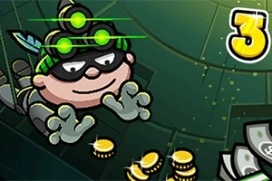 黒い衣装を着たキャラクターが夜視ゴーグルをつけて金貨を集めているイラスト。