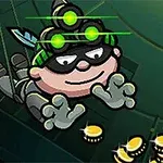 黒い衣装を着たキャラクターが夜視ゴーグルをつけて金貨を集めているイラスト。