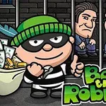 泥棒の衣装を着たキャラクターが、お金袋を持ちながら笑顔でサムズアップしており、背景には2人の囚人が描かれています。