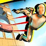 空中で車から飛び出しているダミー人形。