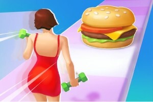 赤いドレスを着た女性がダンベルを持ちながら走る前にハンバーガーがある。