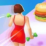 赤いドレスを着た女性がダンベルを持ちながら走る前にハンバーガーがある。