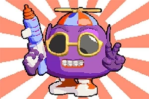 紫色の丸いキャラクターが、サングラスをかけて、プロペラ付き帽子をかぶり、片手に水鉄砲を持ちながらピースサインをしている。