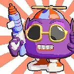 紫色の丸いキャラクターが、サングラスをかけて、プロペラ付き帽子をかぶり、片手に水鉄砲を持ちながらピースサインをしている。