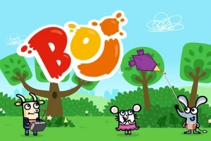 青空の下、木々の前で3匹のカートゥーン風動物のキャラクターが楽しそうに過ごしている様子。