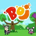 青空の下、木々の前で3匹のカートゥーン風動物のキャラクターが楽しそうに過ごしている様子。