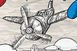 飛行機の手描きスケッチと雲のある風景。