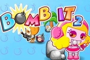 カラフルな文字と爆弾、ピンクの衣装を着たキャラクターが描かれたイラスト。