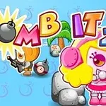 カラフルな文字と爆弾、ピンクの衣装を着たキャラクターが描かれたイラスト。
