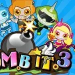 カラフルなロボットキャラクターが集まり、背景に爆弾のイラストがあるデザイン。