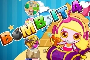 黄色い髪のキャラクターがピンクの服を着てオレンジ色の水鉄砲を持っており、背景に「BOMB IT 4」というカラフルな文字があるイラスト。