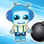 青いヘルメットをかぶったロボットが、燃えている導火線のある丸い爆弾と数字の「8」と一緒に描かれている。