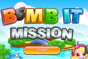 カラフルな文字で「BOMB IT MISSION」と書かれたタイトルと、「START」ボタンが表示されている背景に、島と海が描かれた画像。