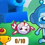 青いヘルメットをかぶったロボットと笑顔のキャラクターが草の上にいるイラスト。