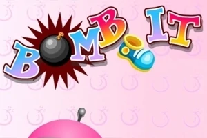 カラフルな文字で「BOMB IT」と書かれたデザインとピンクの背景に頭の一部が見えているイラスト。