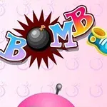 カラフルな文字で「BOMB IT」と書かれたデザインとピンクの背景に頭の一部が見えているイラスト。