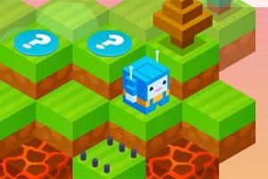 緑と茶色のブロック上に青いロボットと2つのクエスチョンマークアイコンがあり、背景に木と溶岩の模様があるシーン。