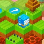 緑と茶色のブロック上に青いロボットと2つのクエスチョンマークアイコンがあり、背景に木と溶岩の模様があるシーン。