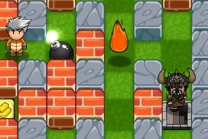 ブロックで仕切られた迷路の中に、キャラクター、爆弾、炎、そして戦士が配置されている。