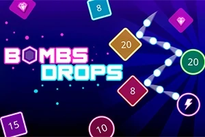 カラフルな数字付きの図形と「BOMBS DROPS」のテキストが青い背景に配置されている画像。
