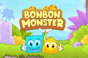 カラフルでコミカルな青と黄色のキャラクターが「BONBON MONSTER」という看板を持ちながら微笑んでいる。