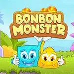 カラフルでコミカルな青と黄色のキャラクターが「BONBON MONSTER」という看板を持ちながら微笑んでいる。