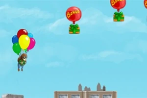 色とりどりの風船にぶら下がった子供が空を飛んでおり、背景には建物の上を漂うバナナと書かれた赤い風船がある青空が広がっているイメージ。