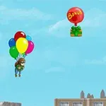 色とりどりの風船にぶら下がった子供が空を飛んでおり、背景には建物の上を漂うバナナと書かれた赤い風船がある青空が広がっているイメージ。