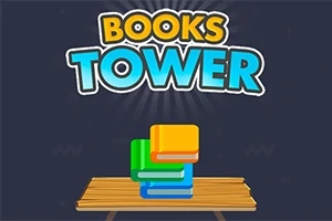 「BOOKS TOWER」という文字の上に、木の台に積み重ねられたカラフルな本が3冊あります。