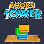 「BOOKS TOWER」という文字の上に、木の台に積み重ねられたカラフルな本が3冊あります。