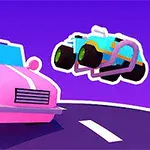 ピンク色の車と空中を飛んでいる青色の車が紫の背景に描かれているイラスト。