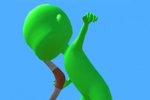 緑色のキャラクターがブーメランを持ち、青空を背景にしている。