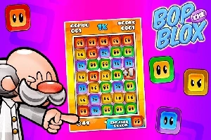 カラフルなブロックが並ぶゲーム画面を指差すキャラクターが描かれた紫色の背景のイラスト。