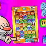 カラフルなブロックが並ぶゲーム画面を指差すキャラクターが描かれた紫色の背景のイラスト。
