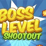 青い背景に「BOSS LEVEL SHOOTOUT」という文字が大きく描かれ、その周囲に爆発のエフェクトが散りばめられている。