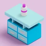 青いキャビネットの上に紫のキャップが付いた白いボトルが置かれている。