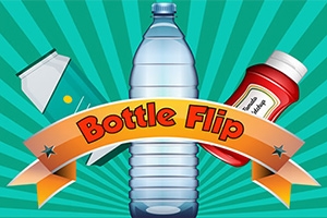 中央に水のボトル、その周りに牛乳パックとケチャップボトルがあり、「Bottle Flip」という文字がバナーに描かれています。