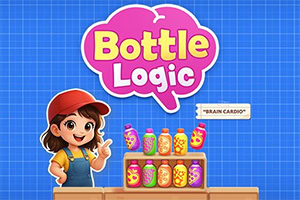 青い方眼背景に「Bottle Logic」のロゴ、赤い帽子の女の子、棚に並んだカラフルなボトルが描かれている。
