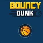 青い背景に黄色の文字で「BOUNCY DUNK」と書かれ、下にバスケットボールのイラストが描かれている。