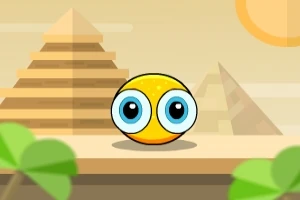 黄色い大きな目を持つキャラクターがピラミッドを背景にしているイラスト。