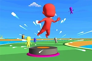 色とりどりのキャラクターが、青空の下でプラットフォームから飛び跳ねている様子。